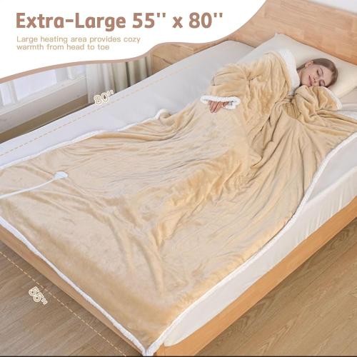 Heated Blanket, 55×80 Wearable Electric Blanket with Sleeves, Sherpa Snuggle Throw Blanket, Warm Gift for Grandma, Mom, Dad, (Camel)