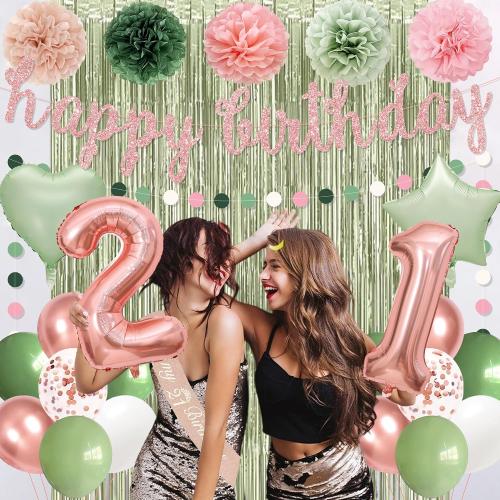 Holkcog 21st Birthday Decorations for Women, Green Pink 21st Bday Banner