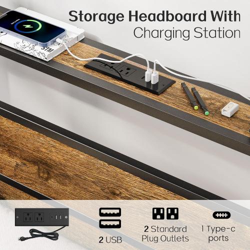 Liians Twin Bed Frame with Storage Headboard USB Charging Station, Smart LED Lights, Metal Platform Bed Easy Assembly, No Box Spring Needed