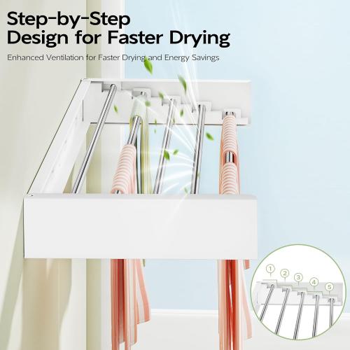 Vikaqi Wall Mounted Clothes Drying Rack 32, Foldable Wall Laundry Rack | Collapsible Drying Rack Clothing Folding Indoor, Hidden Space Saver with Wall Template, 5 Rods, White