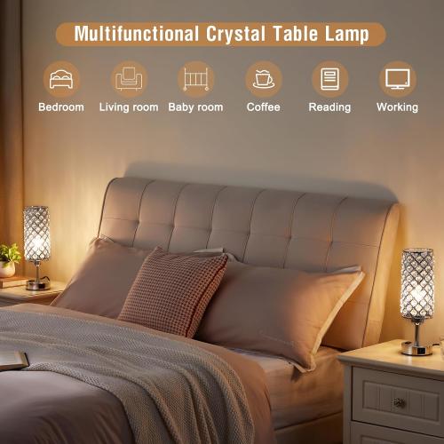 Silver Crystal Lamps Set of 2, 3-Way Dimmable Touch Lamps for Nightstand