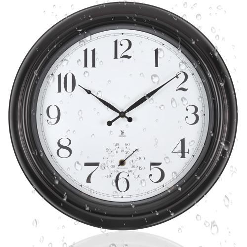 Atomic Outdoor Wall Clock  Sealed Outdoor Waterproof Clock with Temperature, Auto-Set Time, Easy to Read - Large Patio, Pool Clock for Outside, Backyard, Garden