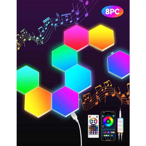 TECKNET Hexagon Light Panel - 8 Pack Smart APP RGB Hexagon LED Lights Wall Lights with Remote Control & Music Sync for Halloween Decor, Gaming Decor