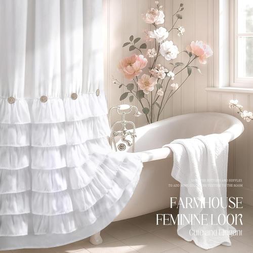 Ruffle Farmhouse Shower Curtain, White Vintage Shower Curtains for Bathroom Fabric Cute Rustic Cloth, 72 W X 72 L Inch