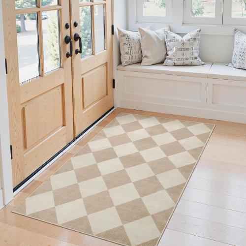 Beeiva Checkered Print 3x5 Washable Area Rug for Bedroom, Non Slip Ultra Thin Beige Entryway Rug Non Shedding Kitchen Rug 3x5, Modern Checkerboard Carpet Plaid Decor for Bathroom Office Nursery