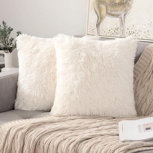 ANRODUO Pack of 2 Beige Throw Pillows Luxury Fluffy Pillows Faux Fur Decorative Pillows Plush Cushion Case Fuzzy Mongolian Merin Style for Bed Couch Sofa and Living Room Spring Home Decor 16x16 Inch