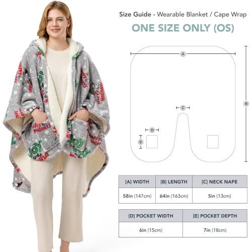 Berkshire Blanket Peanuts® Sherpa Wearable Blanket Hoodie, Cute Character Snoopy Plush Hooded Shawl Blanket