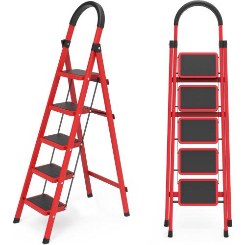 5 Step Folding Ladder, Portable and Compact, Anti-Slip Multi-Use Household Step Ladder for Home, Kitchen, Office, and Garage – Easy Storage, Sturdy and Durable