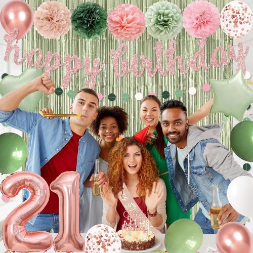 Holkcog 21st Birthday Decorations for Women, Green Pink 21st Bday Banner