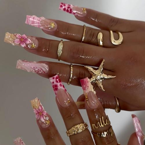 24Pcs Press on Nails Handmade Long Square Nude Pink Leopard Flower Fake Nails Gold Star False Nails 3D Natural Nails Glue on Shiny Party Night Out Club Occasions Stick on Nails for Girl Women