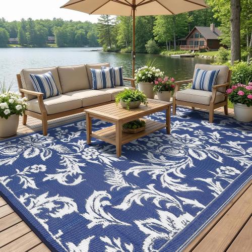 Garvee 9 x 12 Waterproof Outdoor Rug for Patio, Foldable Reversible Modern Area Rug, Floral Large Plastic Straw Mat for Camping, RV, Porch, Backyard, Deck, Picnic, Beach, Dark Blue & White