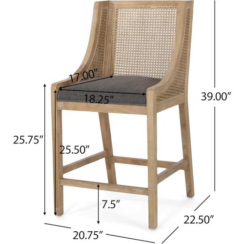 Fabric Upholstered Wood and Cane Counter Stools with Backrest,Set of 2,French Country Barstools Chair