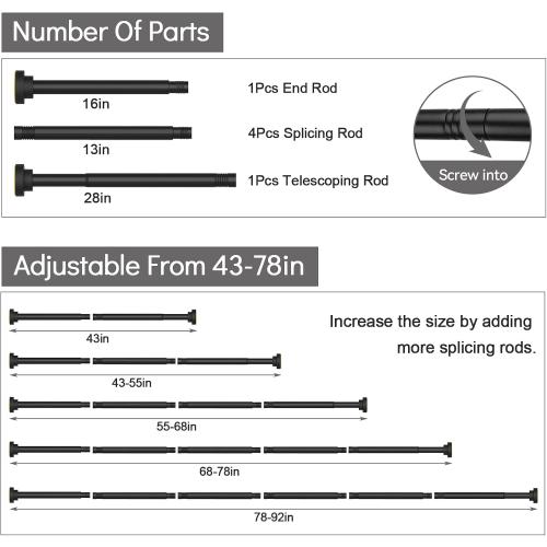 Shower Curtain Rod Adjustable 43-92 inch, 1Diameter Spring Tension Curtain Rod No Drill, Anti-Rust Non-Slip Shower Rod, Black Shower Curtain Rod for Bathroom Tension
