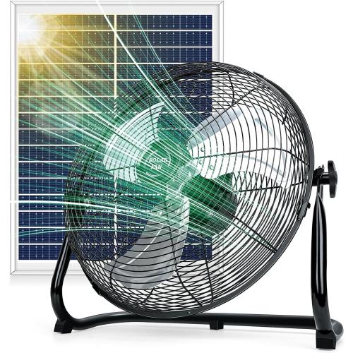 Solar Powered Fan Outdoor - Rechargeable Long Lasting Battery Cordless Floor Fan with 30W Solar Panel & AC Charging, High Velocity Metal Industrial Portable Fans for Outside Home Camping RV