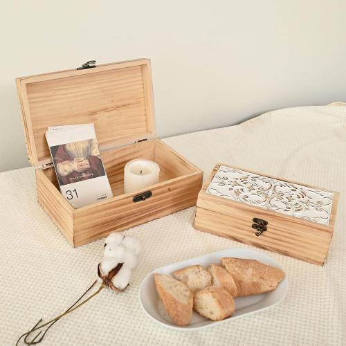 Wooden Storage Box Set of 2 - Hand Carved Floral Decorative Boxes