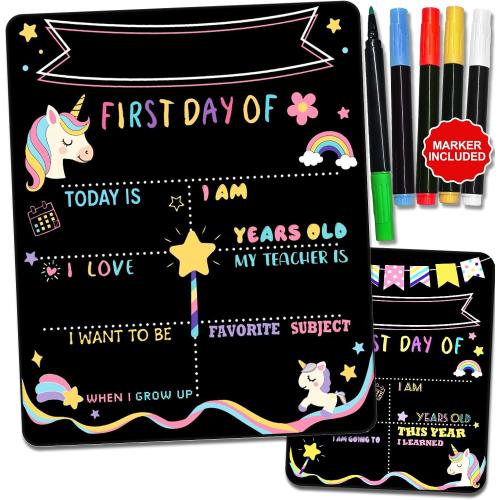 Double-Sided First Day & Last Day of School Sign with Markers Included - 12×10 Inch Reusable Back to School Chalkboard for Kids Girl, Preschool, Kindergarten - Durable & Easy to Clean, Unicorn