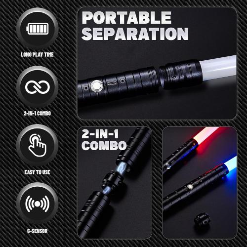 SANCO Metal Hilt Dueling Light Up Sabers - 2 Packs RGB 15 Colors Type-C Rechargeable Power Swords with 31 Light Effects & Motion-Sensing FX, Glowing Toys for Halloween Cosplay, Gifts for Kids & Adults