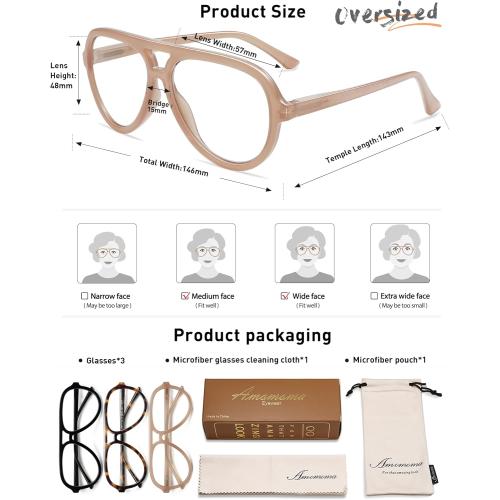 AMOMOMA 3 Pack Retro Oversized Aviator Reading Glasses for Women Men,Classic Large Reader Blue Light Computer Frame AM6111