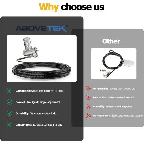 AboveTEK 3-in-1 Universal Laptop Cable Lock - Professional Laptop Security Combination Lock Compatible with K-Slot, Nano & Wedge Slot - Resettable 4-Digit Steel Locking Cable with 360° Rotating Head