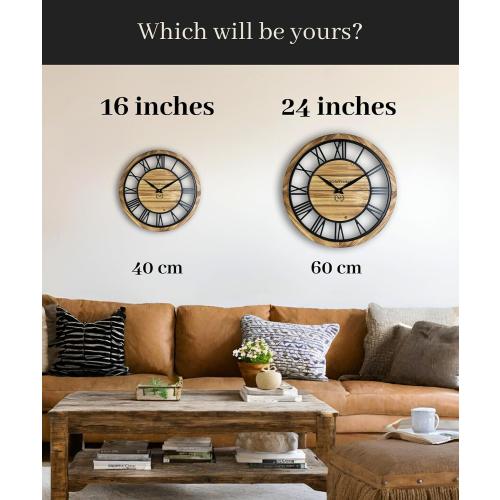 Montoire 24 Inch Wooden Farmhouse Wall Clock, Extra Large for Living Room Decor - Big Rustic Wood Large Round Wall Clock 24 Inches or Larger, Battery Operated with Decorative Roman Numerals