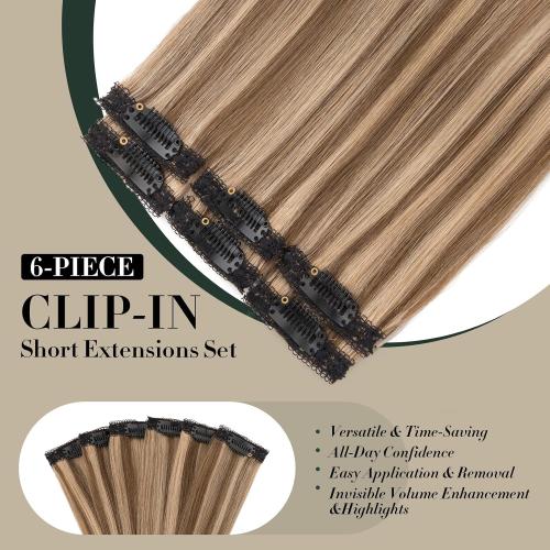 Short Hair Extensions Clip ins,S-noilite Short Clip in Hair Extensions Real Human Hair,Mini Hairpieces for Add Volume and Highlights,6 Pieces 31g 10 inch Medium Brown Mixed Dark Blonde