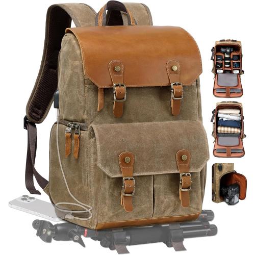 Padwa Lifestyle Khaki Camera Backpack - Waxed Memory Canvas Camera Bag, Multi DSLR SLR Large Camera Backpacks for Photographers with 16” Laptop & Lens Compartment and Tripod Holder & Weather Resistant