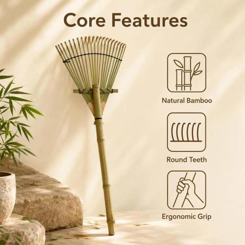 Bamboo Garden Rake 20 Tines 27 Inch Hand Leaf Rake for Yard Lawn Soil Care