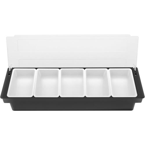 5 Compartment Condiment Serving Container, Fruit, Veggie & Condiment Caddy with Lid, Plastic Dispenser Tray Garnish Station for Bartending & Serving Taco, Ice Cream, Salad Bar, Black   White