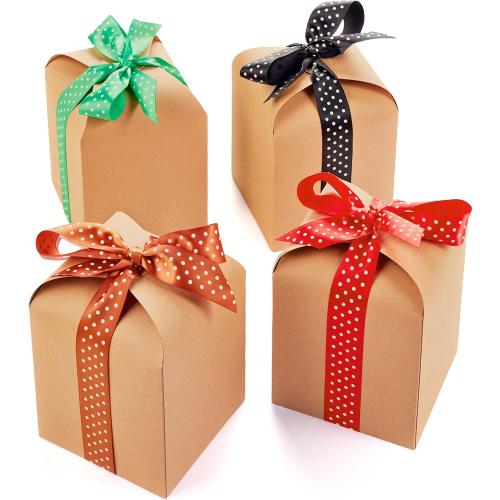 Brown Kraft Cookie Boxes with Lids & Ribbons (20 Pack) 6x5x5 Tall Square Gift Boxes for Mugs, Small Presents, Candles, Baked Goods, Candy, Fudge, Christmas, Decorative Food Packaging, Bulk, Empty