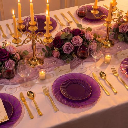 YOUBET 125PCS Purple Plastic Dinnerware Set - Gold and Clear Purple Disposable Plates Include 50 Plastic Plates 75 Silverwares for Wedding Birthday Parties & Party