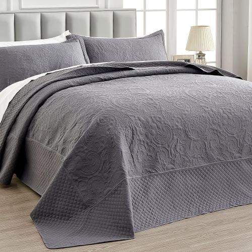 Qucover California King Bedspreads 128x120, Soft Microfiber Ultrasonic Lightweight Dark Grey Oversized King Quilt, 3 Piece Reversible Paisley Pattern Cal King Quilt Set, Grey