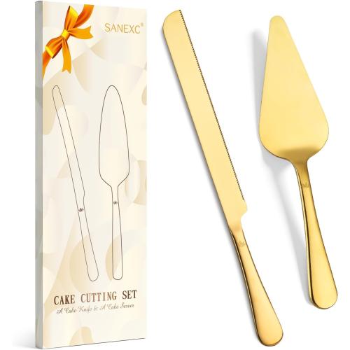 Extended Cake Cutting Set for Wedding - Knife and Server 2 Pcs Gold