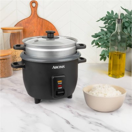 Aroma 6 Cup Rice Cooker with Outer Steam Tray Black‼️light dirt and missing clear lid‼️