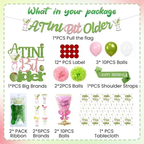A Tini Bit Older Birthday Decorations, Green Pink Glitter A Tiny Bit Older Birthday Decorations Include Banner, Balloons, tablecolth, Cake Topper for Girls Martini Bachelorette Party Supplies