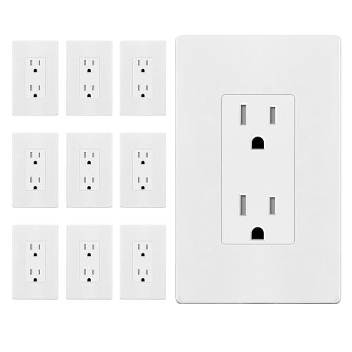 ENERLITES White Decorator Receptacle with Screwless Wall Plate, Tamper Residential Grade Wall Outlet, 15A 125V, Self-Grounding, 2-Pole, 3-Wire, 5-15R, UL Listed, 61502-TR-WSID, 10 Pack