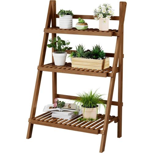 39.4 Bamboo Ladder Shelf Plant Shelf, 3 Tier Foldable Ladder Flower Pot Display Shelf Rack, 23.6W x 15D x 39.4H, Freestanding Bookshelf for Garden, Balcony, Yard, Patio, Lawn, Living Room, Walnut