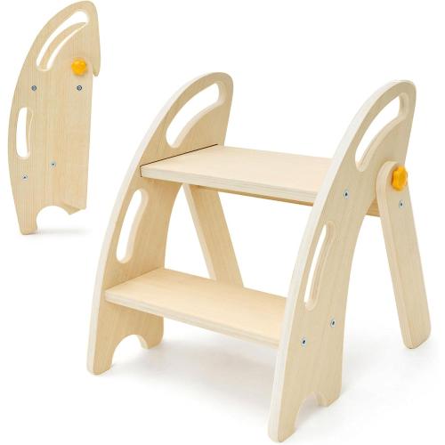 Wooden Toddler Step Stool with Anti-Tip Design, Non-Slip Pads & Handle