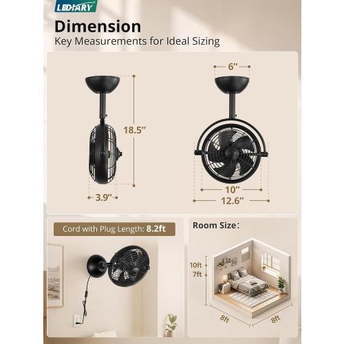 LEDIARY 10 Small Wall Mount Fan with Remote Plug in Cord, Black