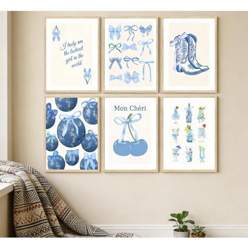 Blue Coquette Preppy Poster Wall Art,6 Pcs Aesthetic Painting Picture Wall Decor,Cowboy Boots Disco Ball Cocktail Cherry Canvas Print Artwork,for Girls Bedroom Dorm Room Home Decoration Unframed