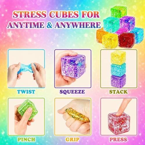 12 Pack Glitter Stress Cubes Sensory Fidget Toys for Kids Adults, 8 Colors Squishy Cube Stress Balls, Anxiety Relief Squeeze Toys for Classroom Prizes Party Favors Easter Basket Stuffers