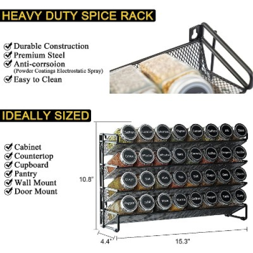 SpaceAid 4 Tier Spice Rack Organizer with 28 Jars, 386 Labels, for Cabinet, Countertop, Pantry or Wall Mount