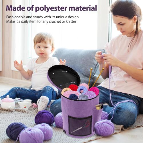 Knitting Bag Yarn Storage, Practical Crochet Bag Organizer with Lid, Portable Yarn Organizer Tote with Handle, Stylish Crochet Bags with Shoulder Strap for Knitting Supplies Crafting (purple)