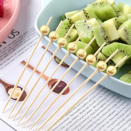 100Pack Cocktail Picks, Wooden Cocktail Toothpicks for Drinks Appetizers with Matt Gold Pearl