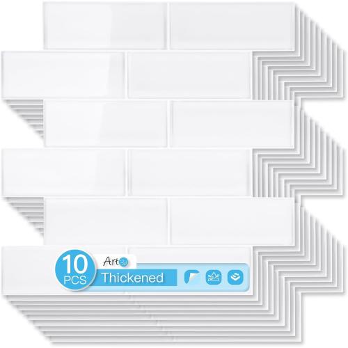 Art3d Subway Design Wall Tile, Peel and Stick Backsplash, 10-Pack, White