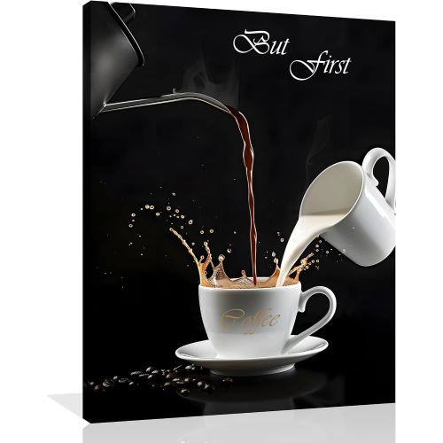 OWNANRTHM Coffee Canvas Wall Art But First Coffee Sign Poster Abstract Coffee Pictures for Coffee Bar for Kitchen Dining Room Wall Decor Framed 12X16 inch