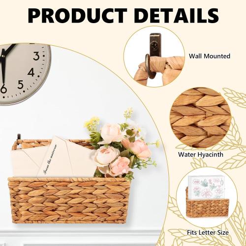 2 Pcs Woven Mail Holder Wall Mount Basket 9.25x1.57 Inch Rattan Wall Letter Holder Wicker Wall Basket Storage Water Hyacinth Hanging Storage Basket with Hooks for Mail Envelope Office