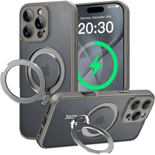 for iPhone 16 Pro Case with 360°Spin Magnetic Stand[Fit for MagSafe][Rotatable Ring Holder][Full Camera Protection] Adjustable Kickstand iPhone Case for iPhone 16 Pro 6.3, Gray