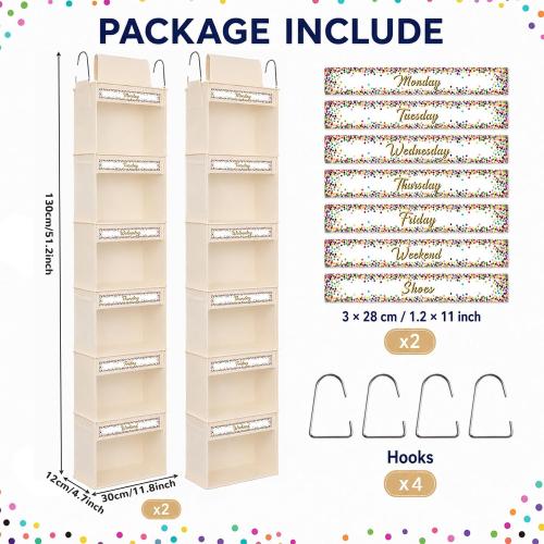 2 Pack 6 Shelf Weekly Clothes Organizer for Kids Hanging Daily Closet Organization White Background Colorful Confetti Decoration with Days of The Week Monday Through Friday Weekend Cards(Beige)