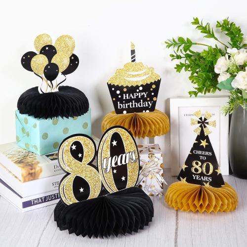 Outus 8 Pieces 80th Birthday Table Decorations for Men and Women, Happy 80th Honeycomb Centerpieces Black Golden 1946 Aged Birthday Party Decorations Tables Toppers for 80 Years Party Supplies