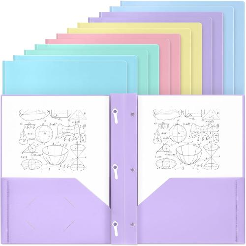 Yeaqee 12 Pcs Pastel Folders with Pockets and Prongs Plastic Folder 2 Pockets 3 Prongs with Card Slot for Office, School for Students, Teachers, Office Workers